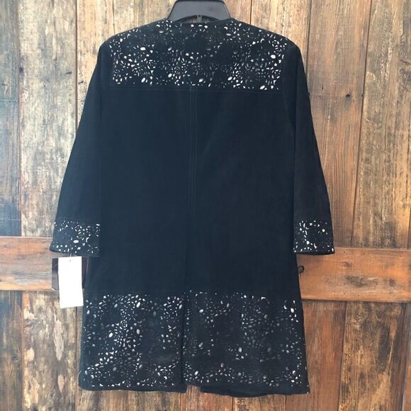 Carlos Falchi M NWT Heavy Black Textured Designer Leather Suede Punchout Coat - Picture 8 of 9